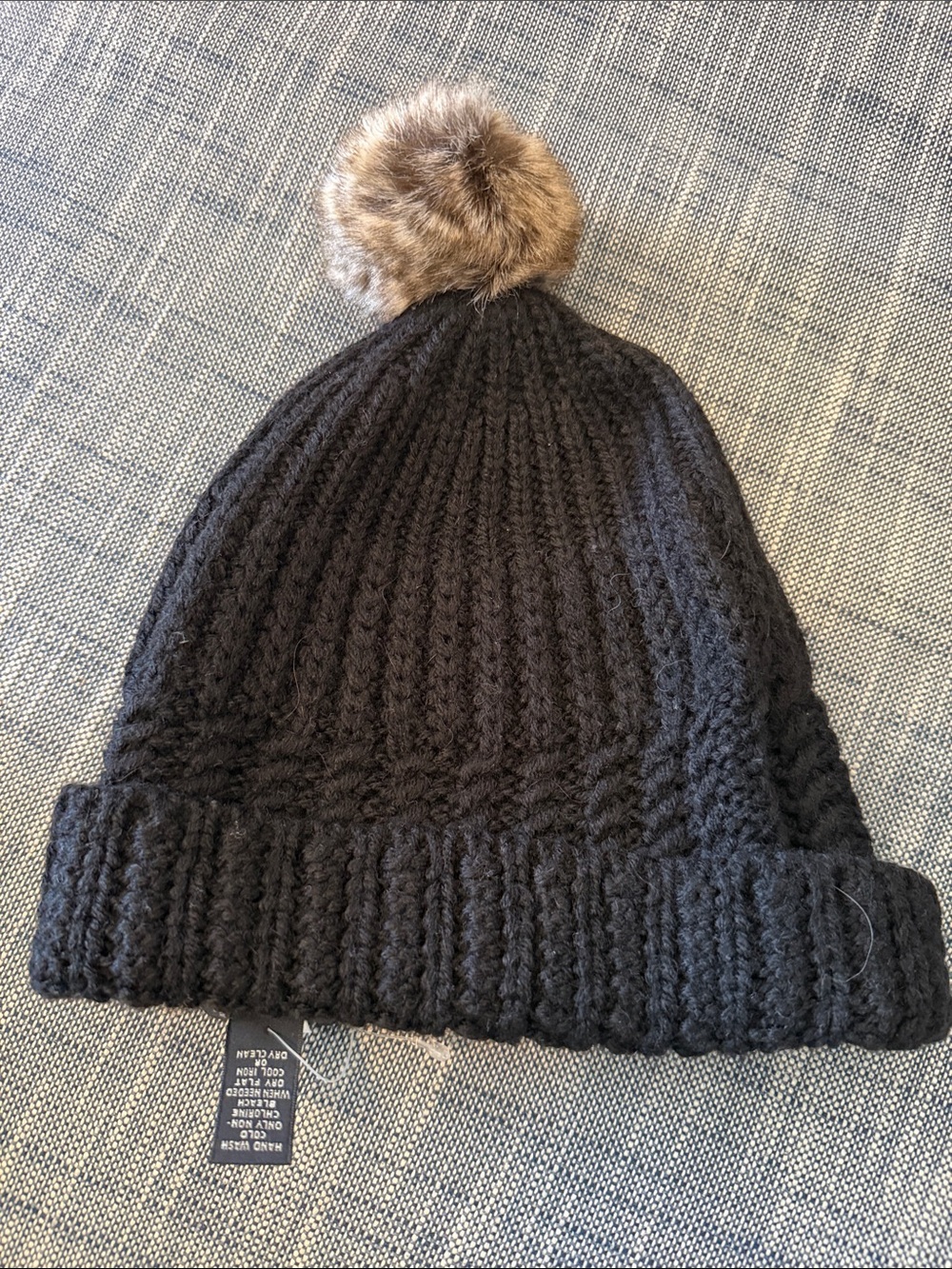 Banana Republic Black Knit Beanie with Brown Faux-Fur Pom